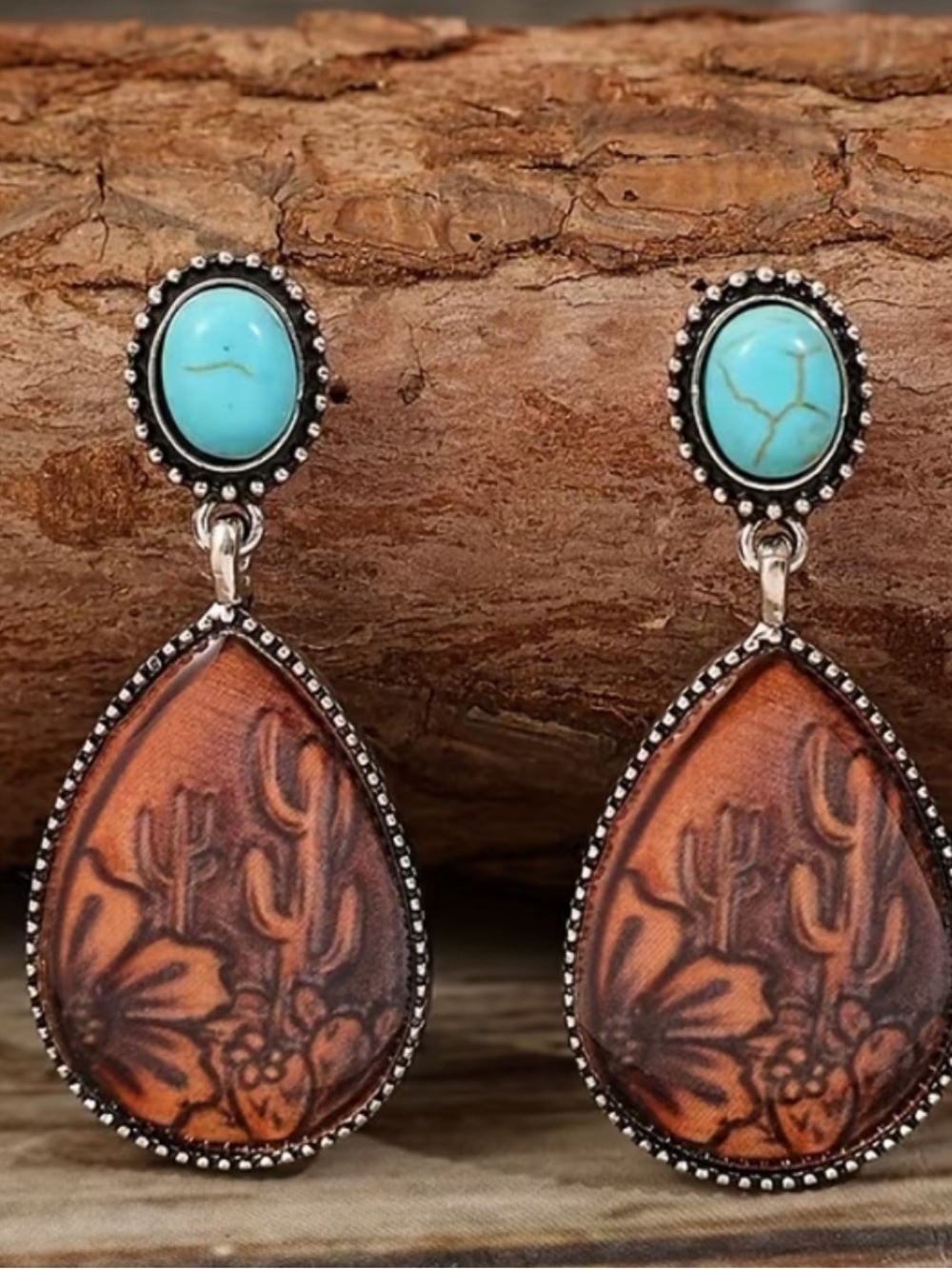 Turquoise & Brown Teardrop Western Earrings - Silvery Setting